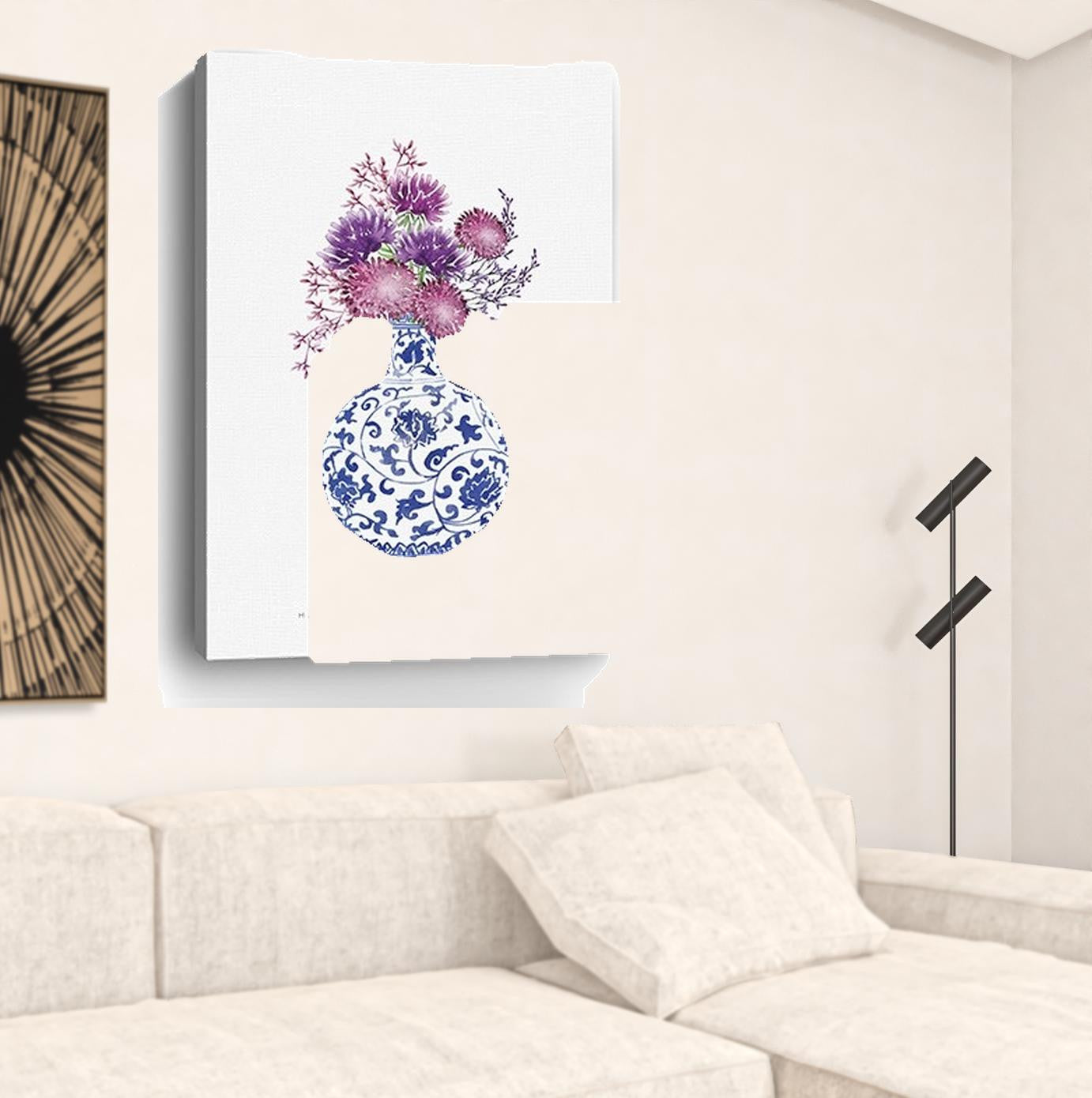 24" x 16" Blue and White Happiness Floral Vase Canvas Wall Art - Minihomy