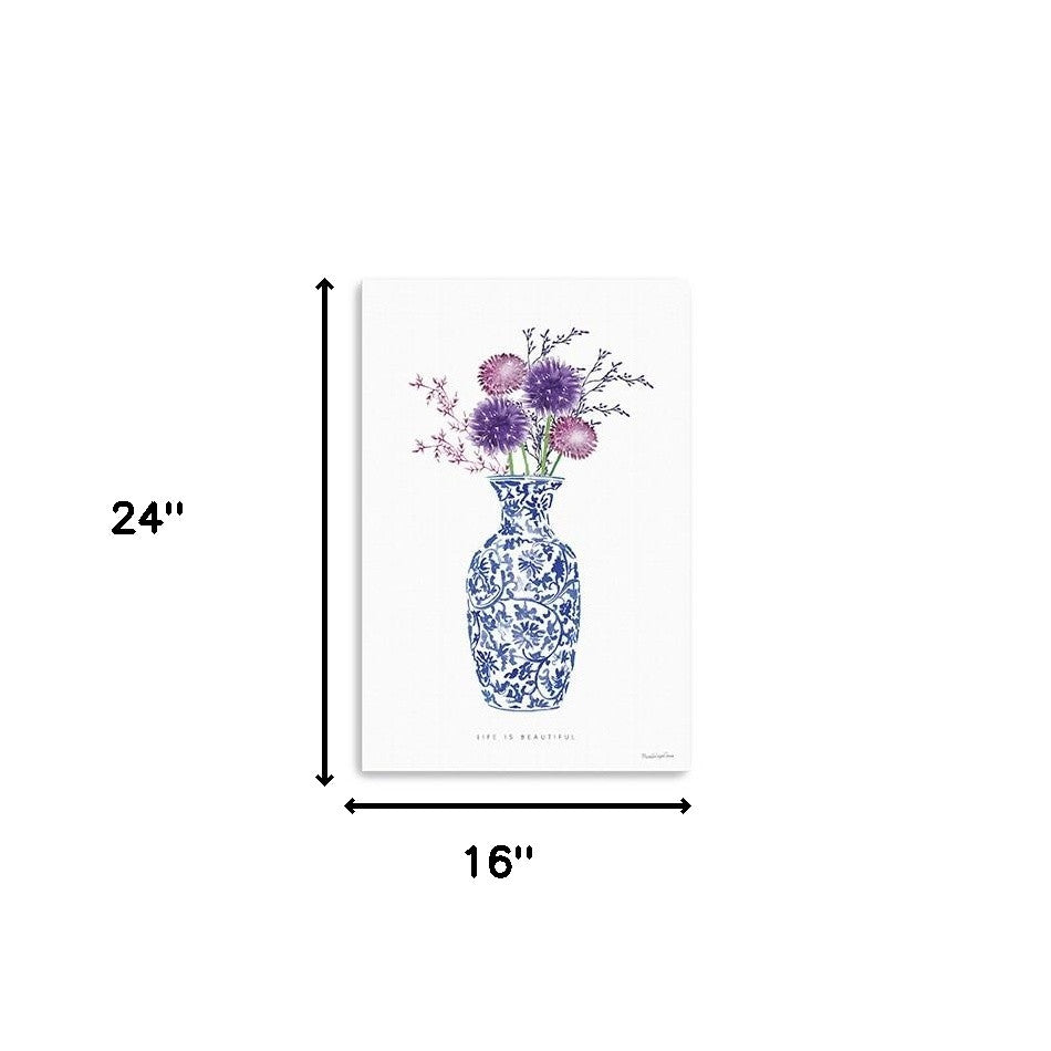 24" x 16" Blue and White Life Floral Vase Canvas Wall Art - Minihomy