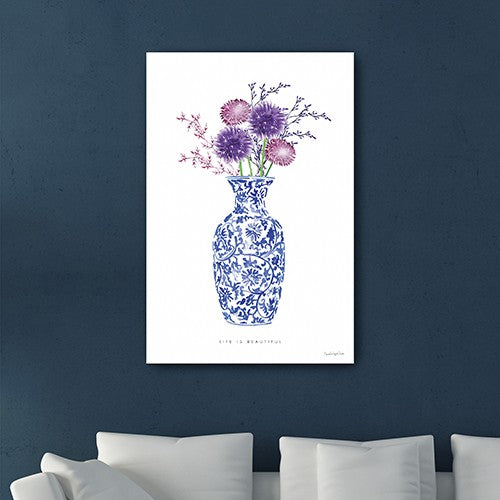 24" x 16" Blue and White Life Floral Vase Canvas Wall Art - Minihomy