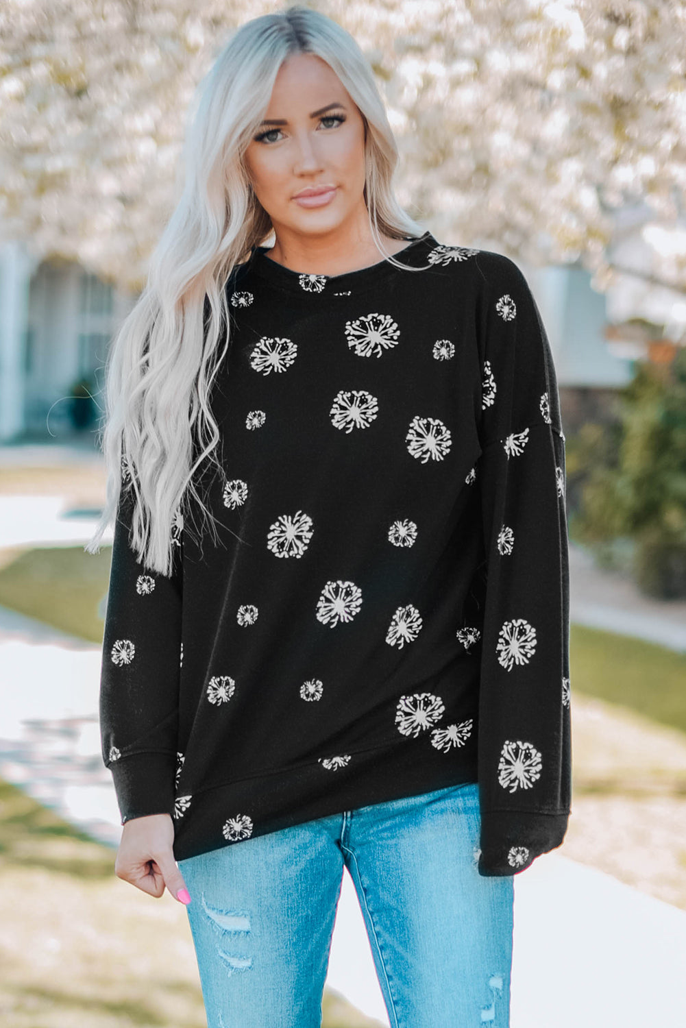 Dandelion Print Round Neck Slit Sweatshirt - Minihomy