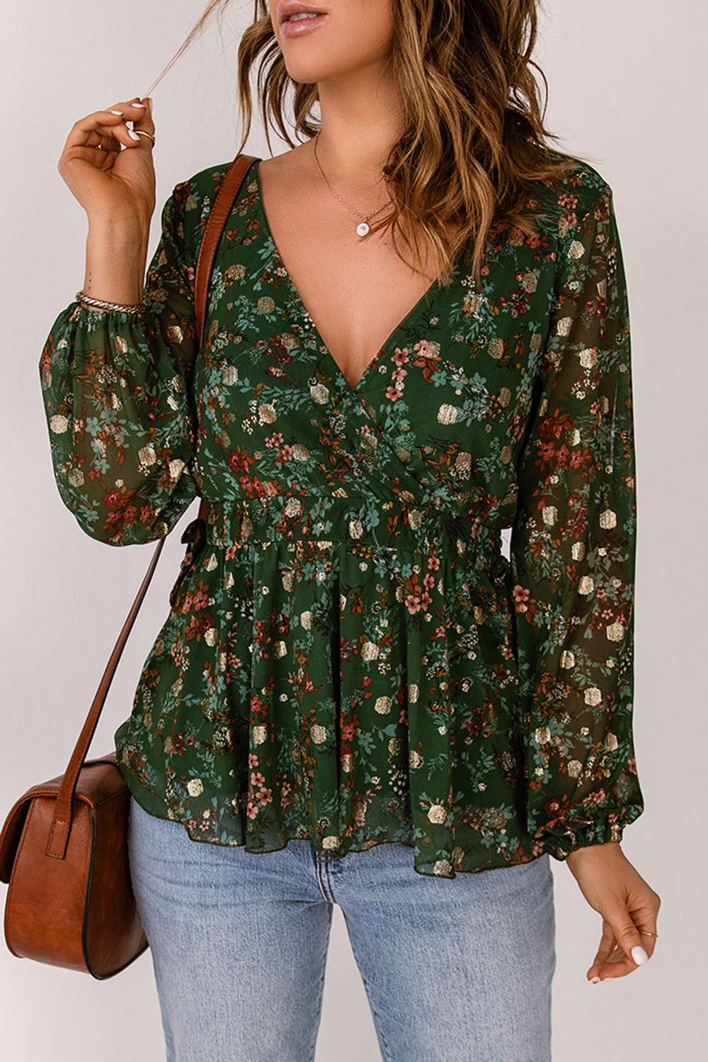 Floral Surplice Peplum Blouse - Minihomy