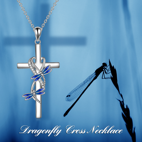 Sterling Silver Dragonfly Cross Necklace with Blue Gradient Dripping for Mother Daughter