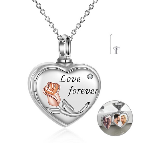 925 sterling silver Rose Flower Cremation Urn for Human Ashes Photo Picture Necklace Jewelry