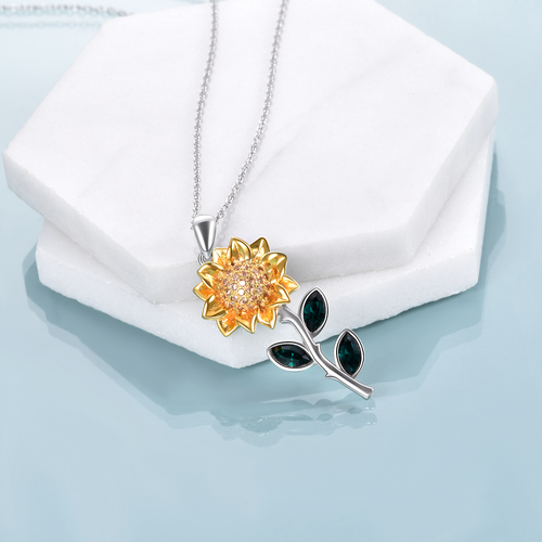 Sunflower Necklace Sterling Silver Sunflower Crystal Pendant Necklace Sunflower Jewelry