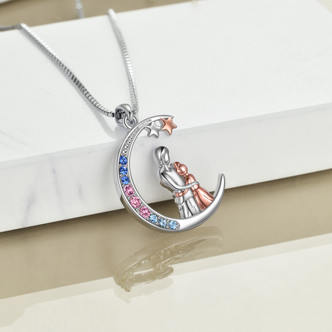 Crescent Moon Family Necklace for Women Teens Sterling Silver Jewelry with Crystal