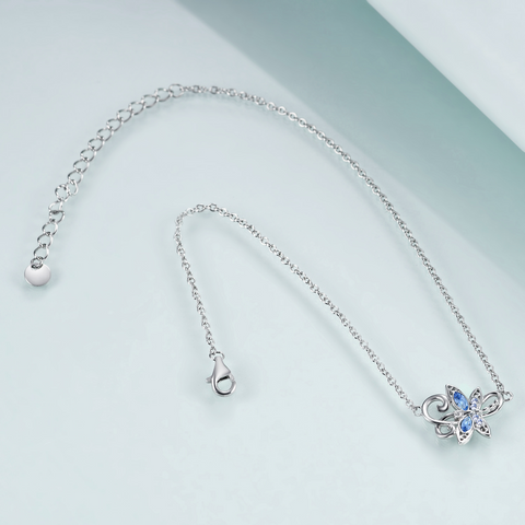 Sterling Silver Anklet with Elegant Crystal Blue Dragonfly