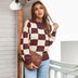 Checkered Two-Tone Dropped Shoulder Crewneck Sweater - Minihomy