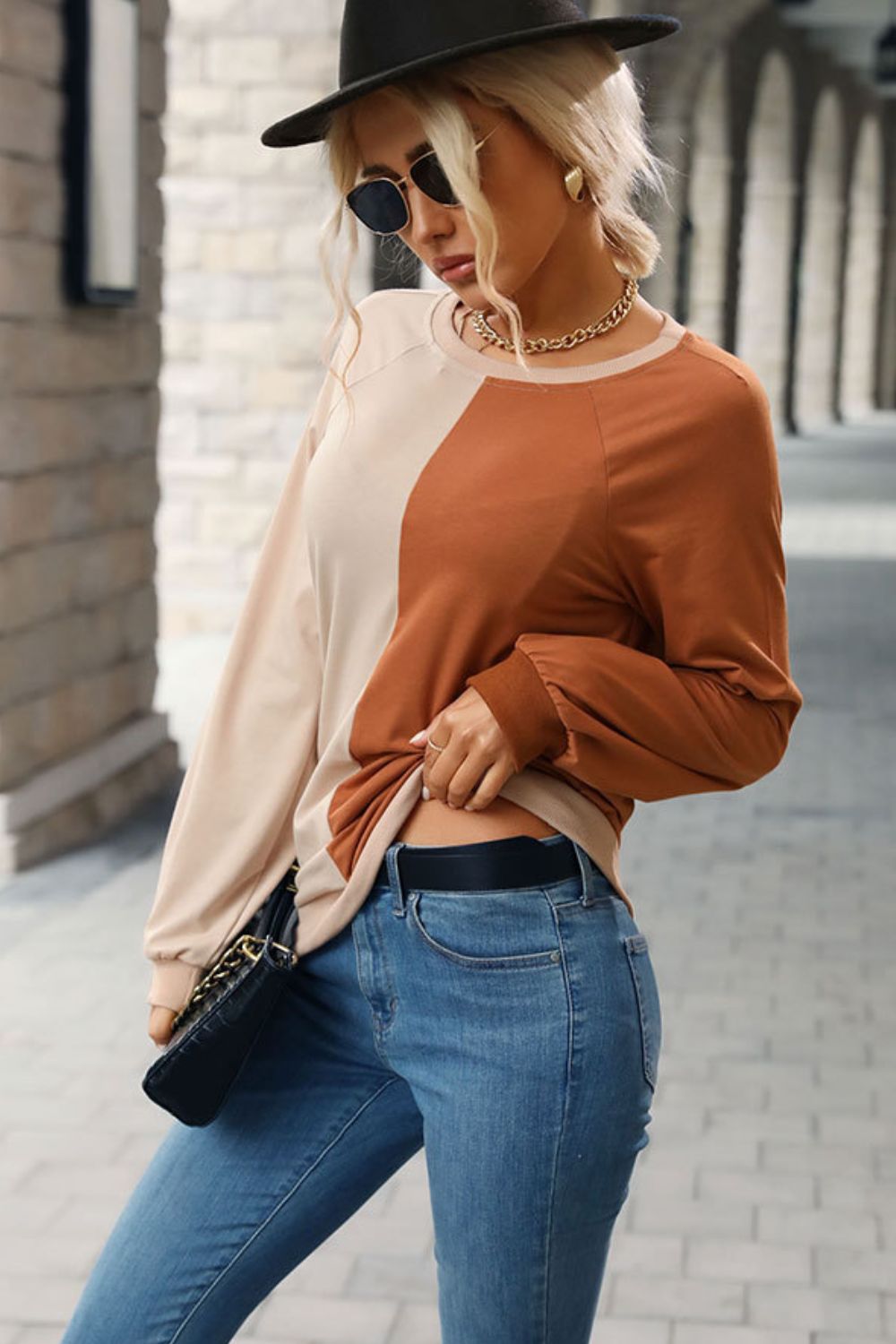 Two-Tone Round Neck Raglan Sleeve Sweatshirt - Minihomy