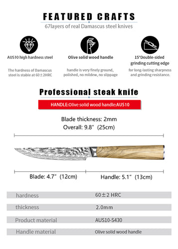 Damascus Steel Cured Wooden Handle Kitchen Knife Steak Knife