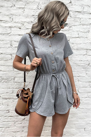 Buttoned Drawstring Round Neck Romper
