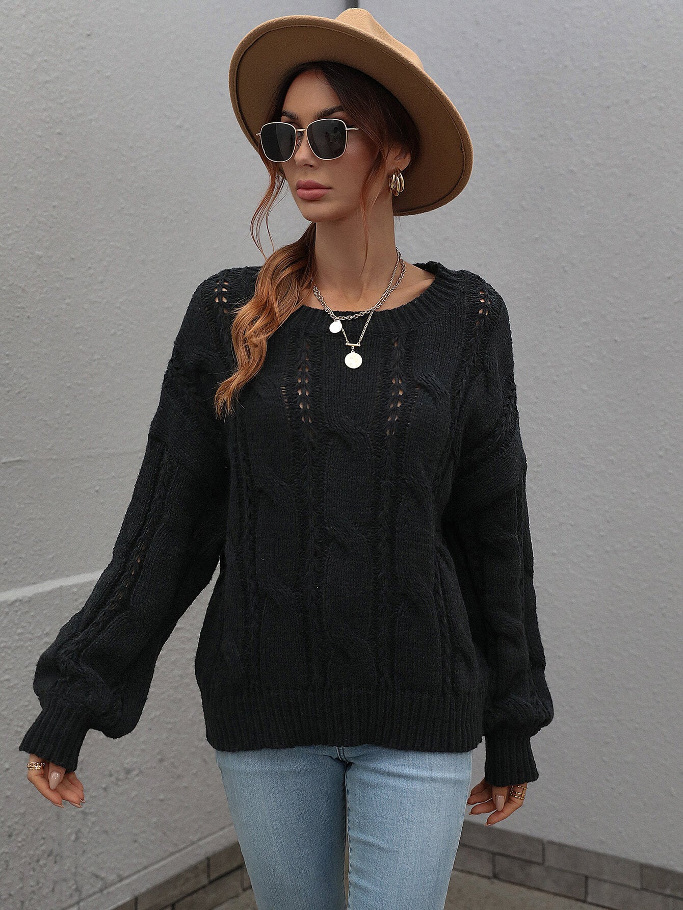 Cable-Knit Openwork Round Neck Sweater - Minihomy