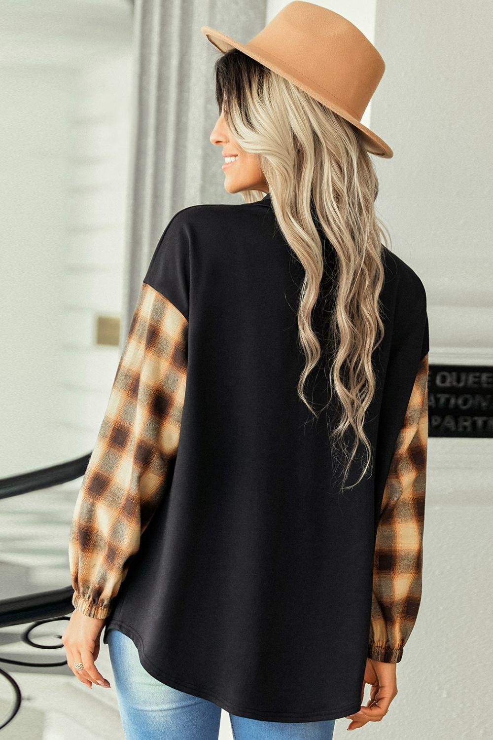 Plaid Dropped Shoulder Shirt with Breast Pocket - Minihomy