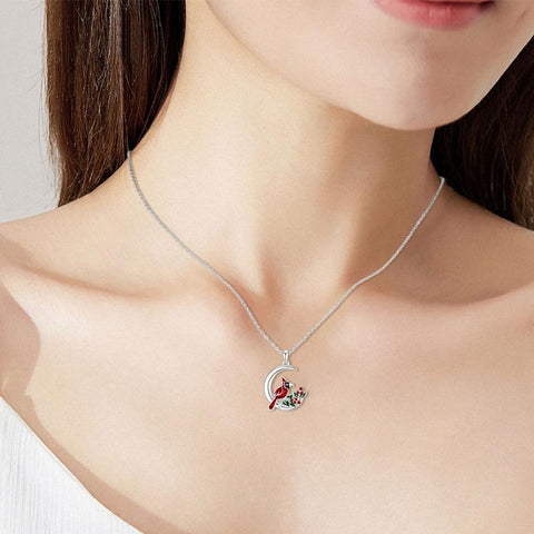 925 Sterling Silver Cardinal Red Bird Crescent Moon Pendant Memorial Necklace