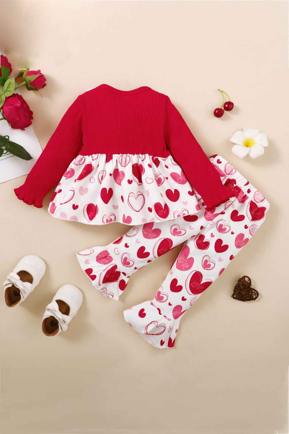 Girls Heart Print Bow Detail Sweater and Flare Pants Set - Minihomy