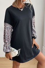 Leopard Print Sleeve Sweatshirt Dress - Minihomy