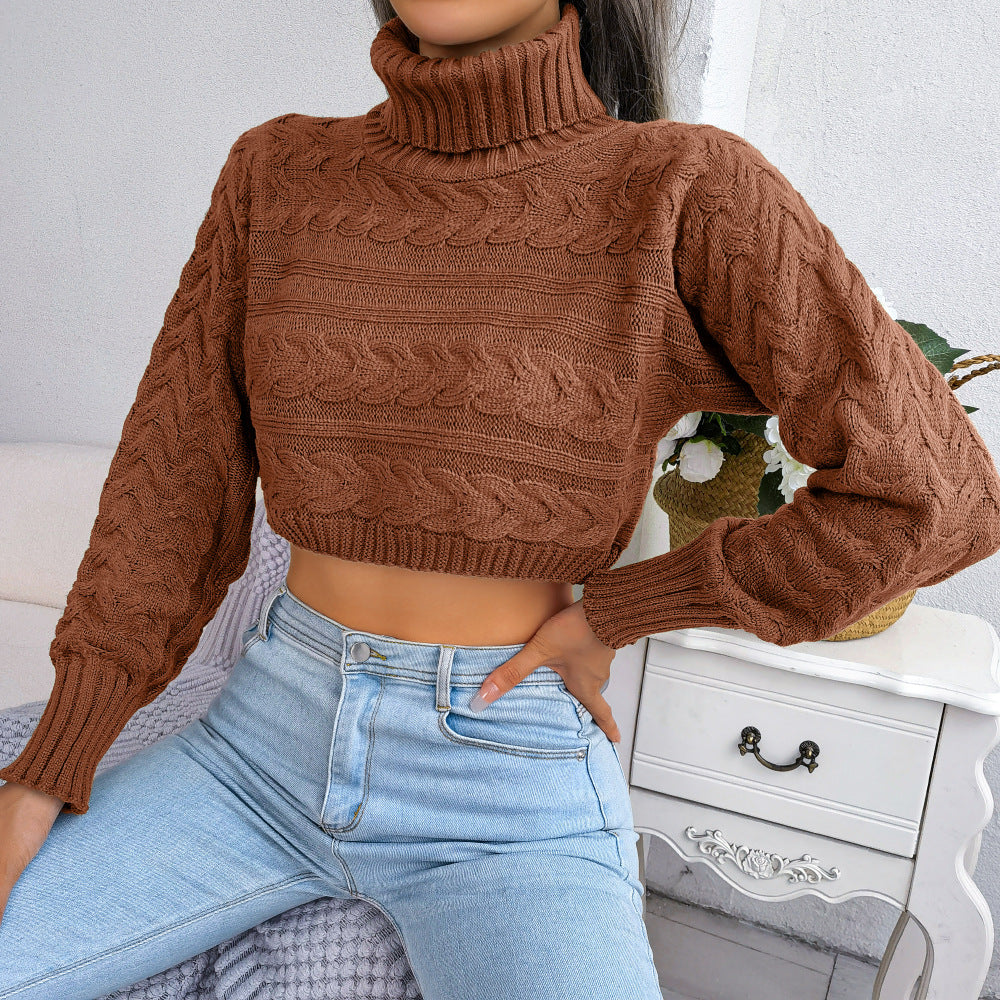 Cable-Knit Turtleneck Cropped Sweater - Minihomy