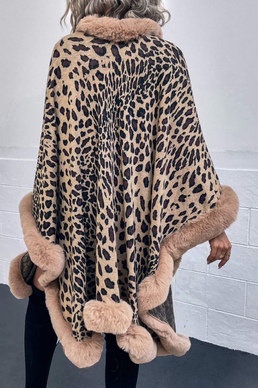 Animal Print Faux Fur Trim Poncho Jacket