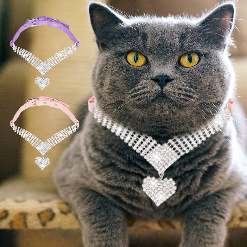 Shiny Rhinestone Pet Suede Soft Love Love Diamond Cat Collar - Minihomy