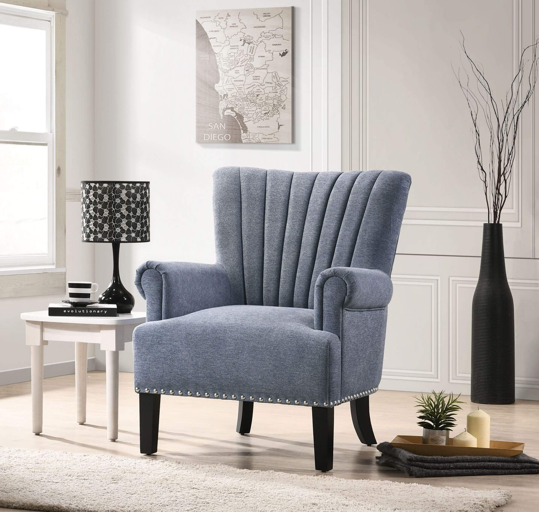 Blue Plumed Channeled Back Comfy Armchair - Minihomy