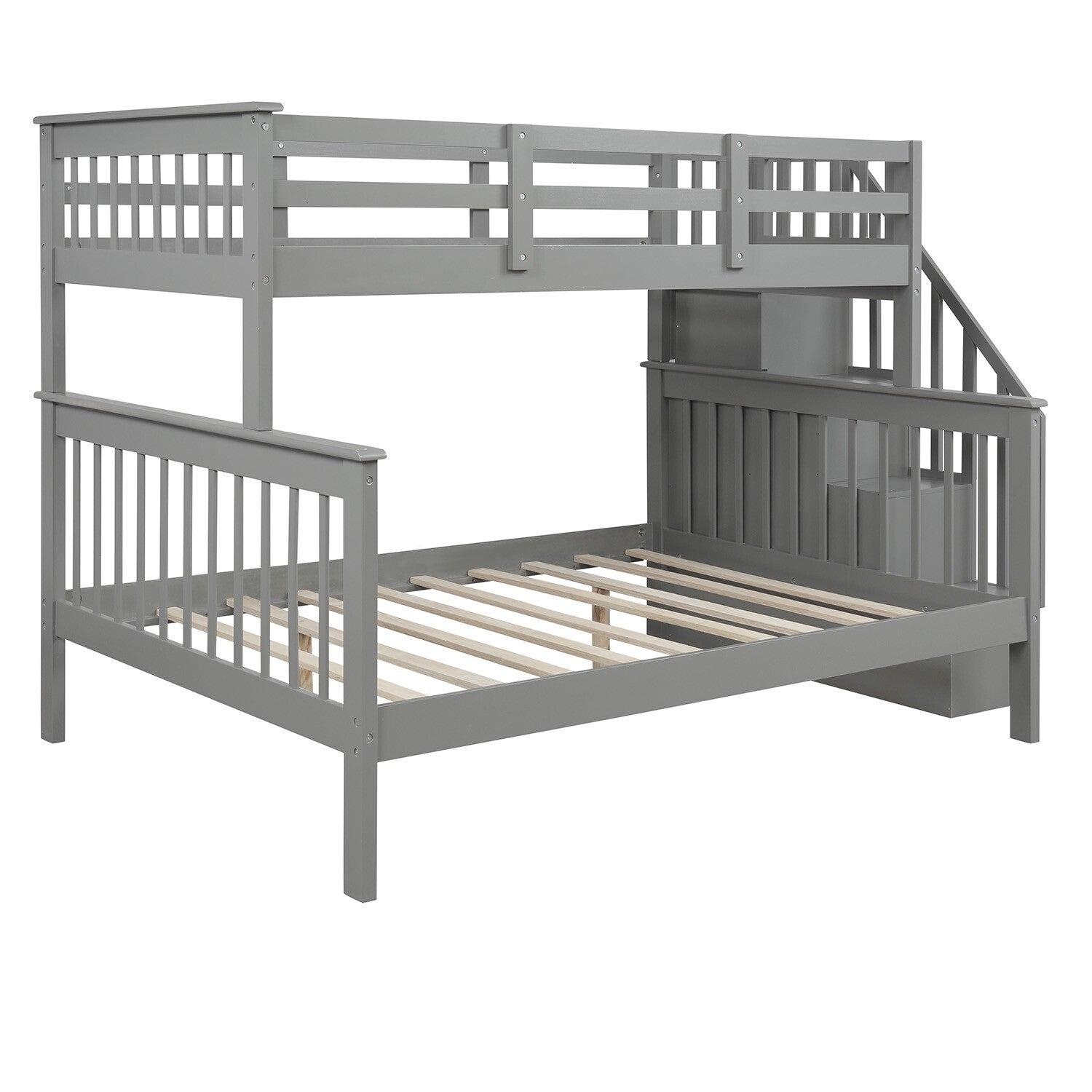 Gray Twin Over Full Contemporary Bunk Bed With Stairs And Shelves - Minihomy