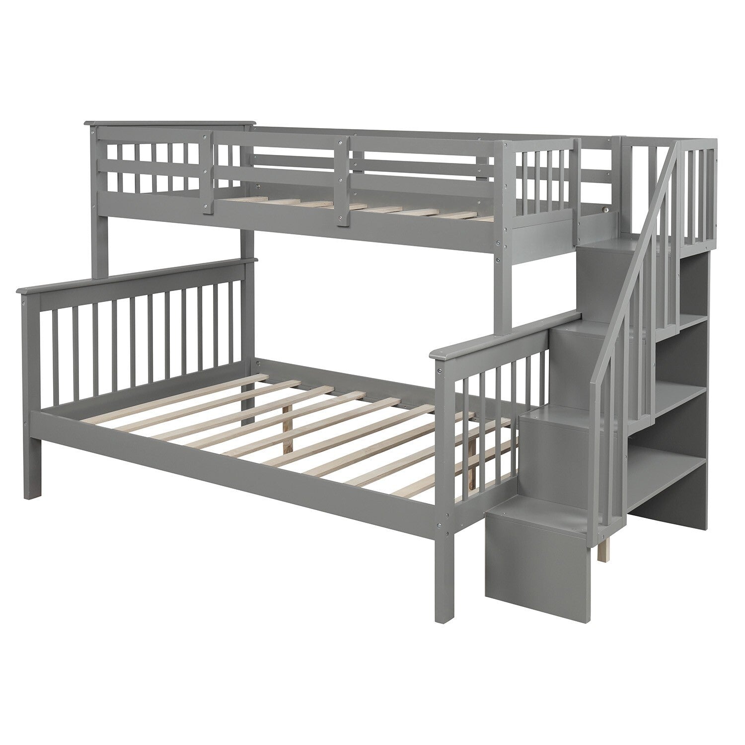 Gray Twin Over Full Contemporary Bunk Bed With Stairs And Shelves - Minihomy