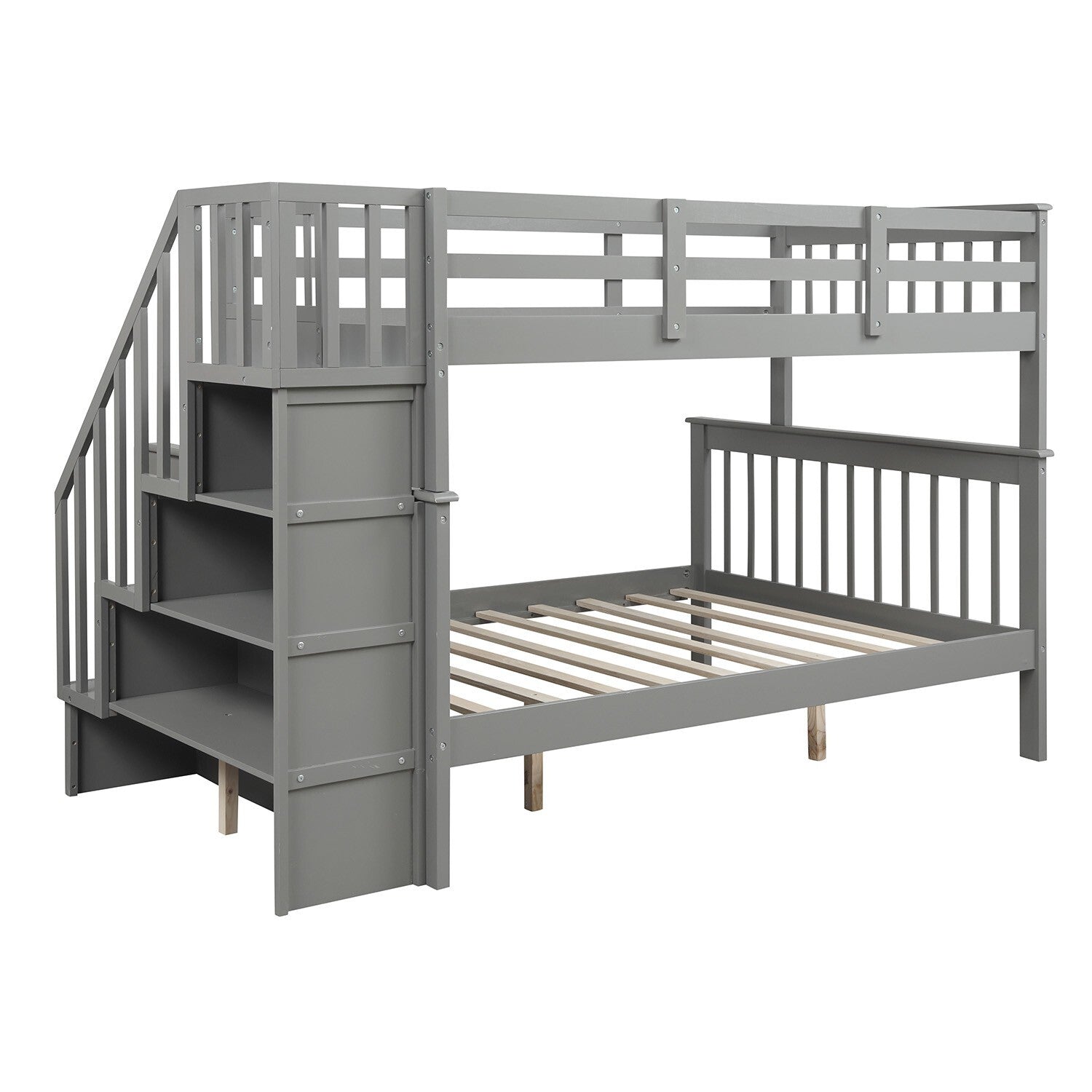 Gray Twin Over Full Contemporary Bunk Bed With Stairs And Shelves - Minihomy