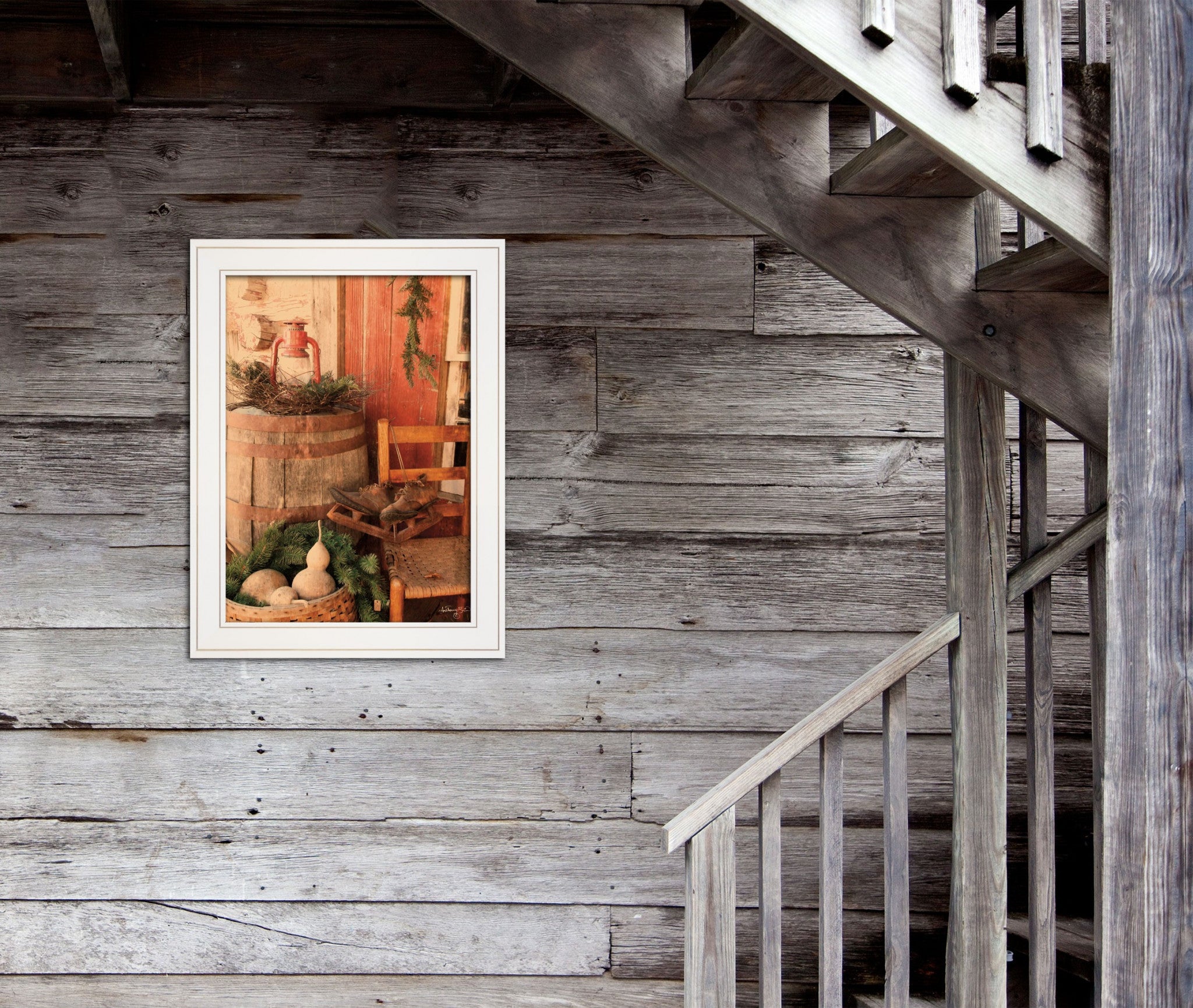 Vintage Ice Skates on the Porch White Framed Print Wall Art