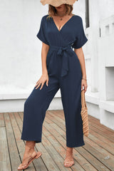 Tie-Waist Surplice Wide Leg Jumpsuit - Minihomy