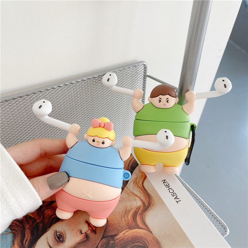 3D Cute Little Fat Man Lifting Weights Soft Silicon Case For AirPods