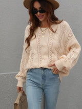 Cable-Knit Openwork Round Neck Sweater - Minihomy