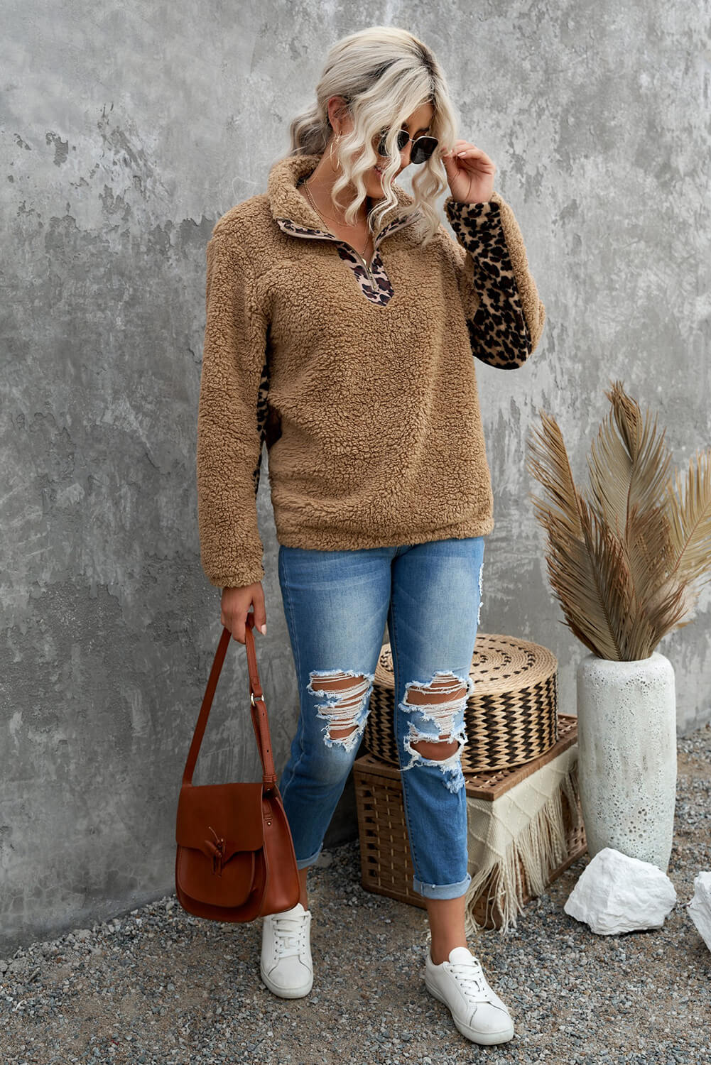 Animal Print Quarter-Zip Sherpa Sweatshirt - Minihomy