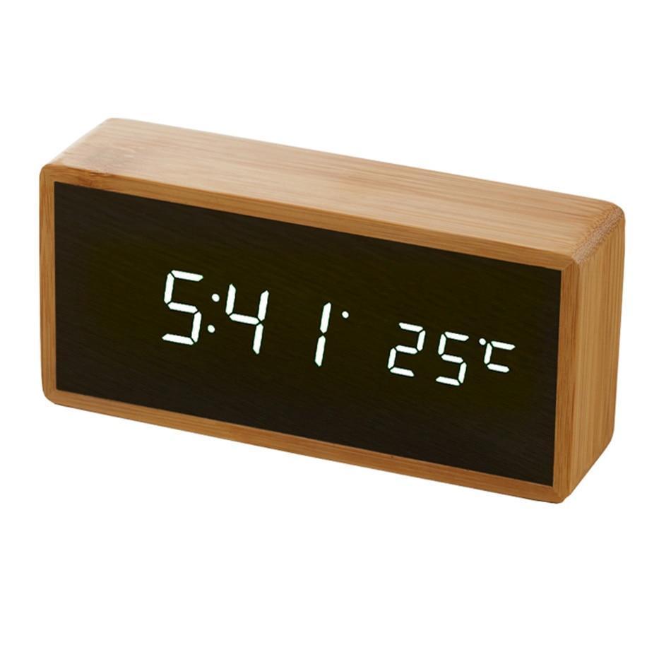 Bamboo Wooden Mirror Alarm Clocks Temperature Sounds Control Desktop Clock