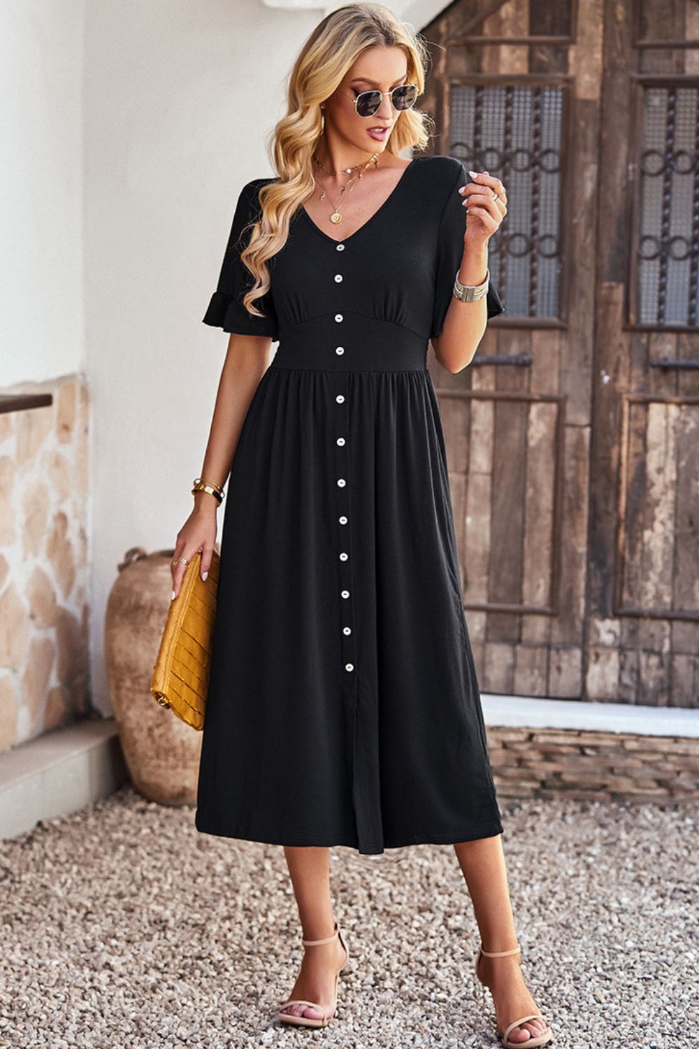 Gathered Detail Buttoned V-Neck Midi Dress - Minihomy