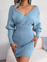 Rib-Knit Dolman Sleeve Sweater Dress - Minihomy