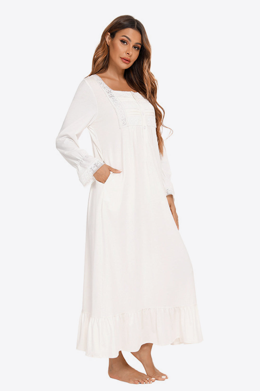 Contrast Lace Trim Ruffle Hem Square Neck Night Dress - Minihomy