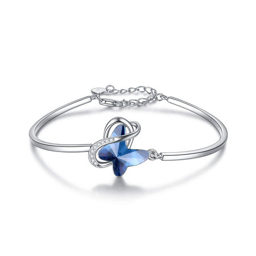 Sterling Silver Blue Butterfly Crystal Bracelet Bangle for Women