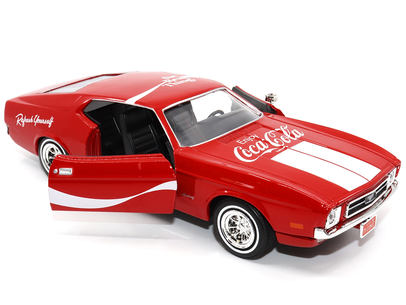 1971 Ford Mustang Sportsroof Red with White Stripes "Refresh Yourself - Coca-Cola" 1/24 Diecast Model Car by Motor City Classics - Minihomy