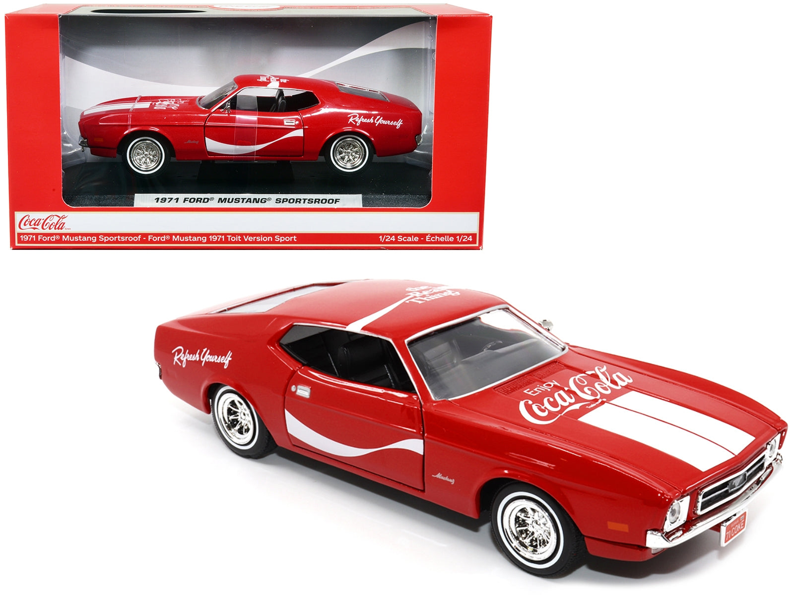 1971 Ford Mustang Sportsroof Red with White Stripes "Refresh Yourself - Coca-Cola" 1/24 Diecast Model Car by Motor City Classics - Minihomy