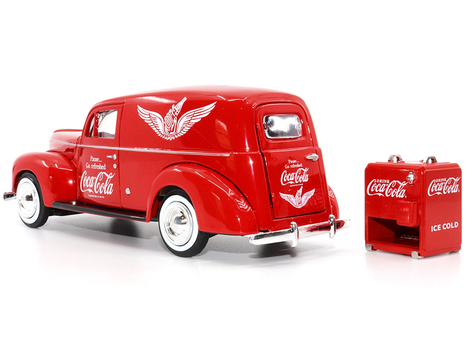 1940 Ford Sedan Cargo Van Red "Pause... Go Refreshed Coca-Cola" with Vending Machine Accessory 1/24 Diecast Model Car by Motor City Classics - Minihomy