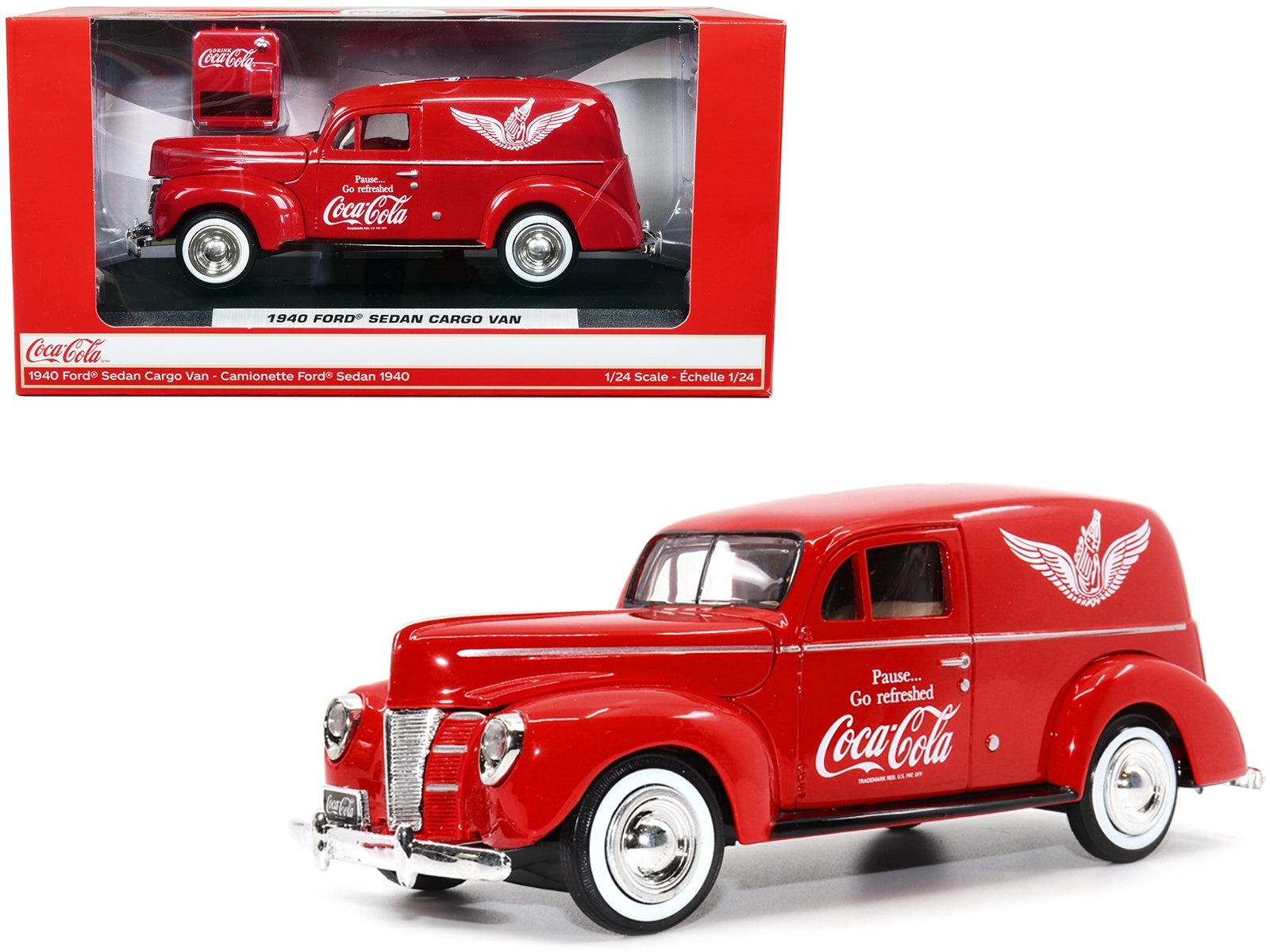 1940 Ford Sedan Cargo Van Red "Pause... Go Refreshed Coca-Cola" with Vending Machine Accessory 1/24 Diecast Model Car by Motor City Classics - Minihomy