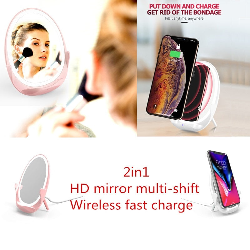 Portable vertical with fill light mirror wireless charger for mobile phone bracket