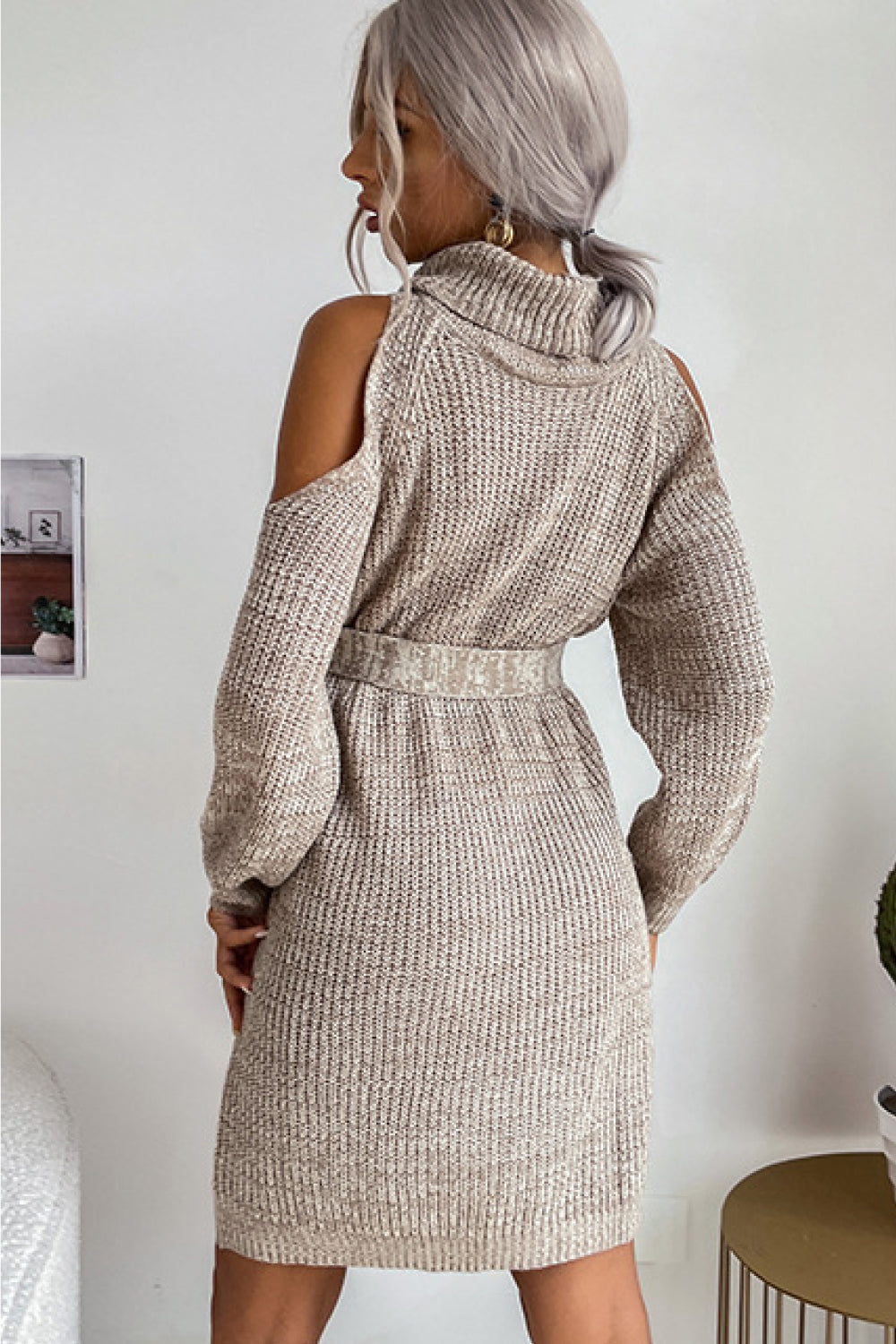 Cold Shoulder Turtleneck Sweater Dress - Minihomy