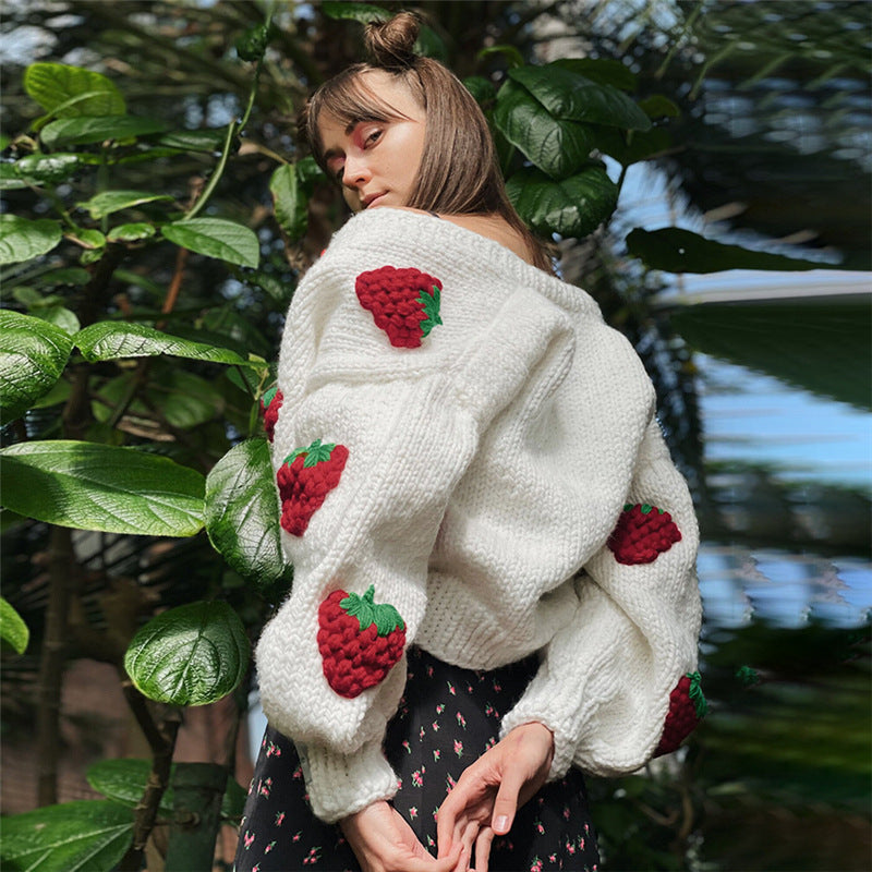 Female Cute Strawberry Loose V-neck Cardigan Sweater - Minihomy