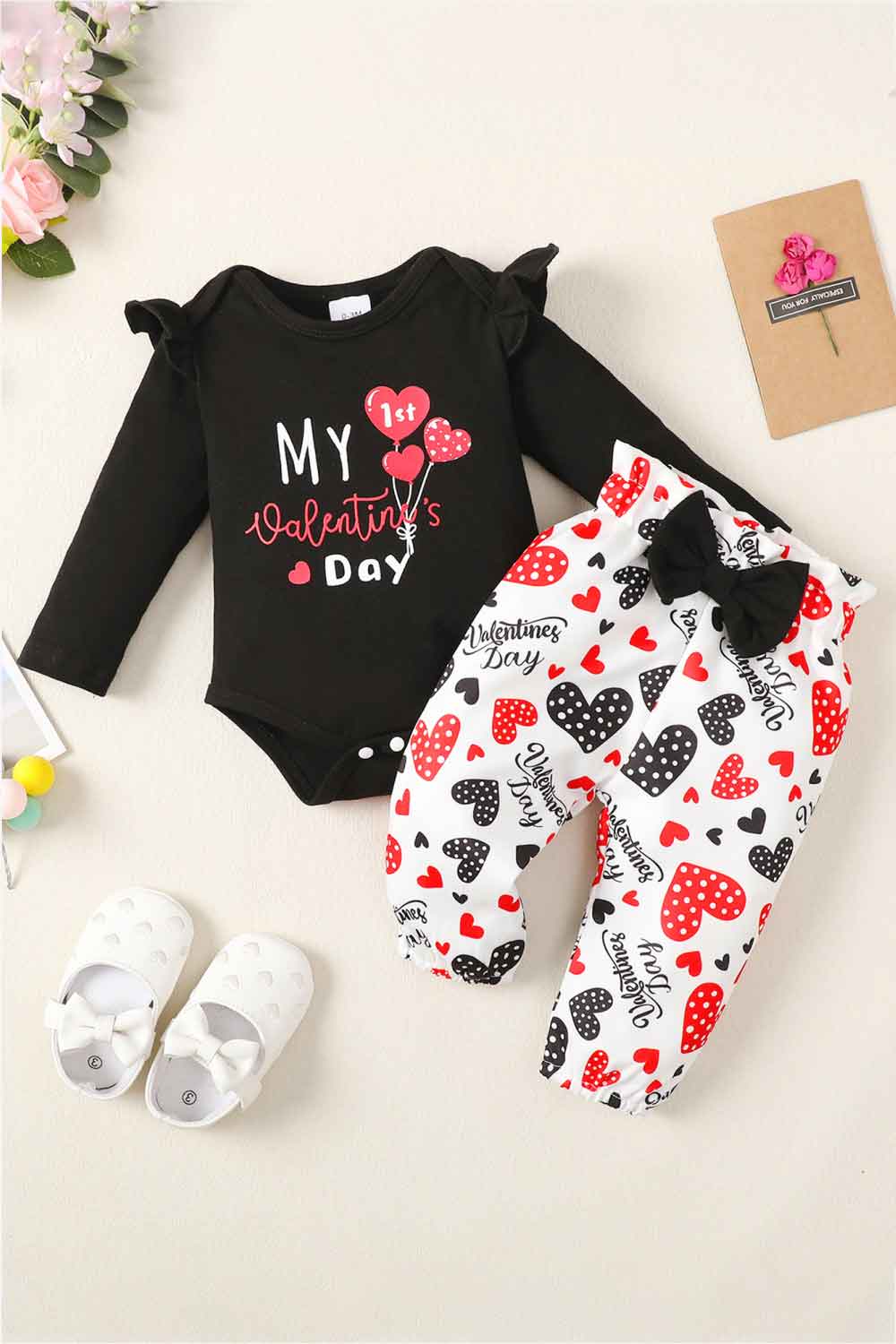 Baby Girl Graphic Bodysuit and Heart Print Pants Set - Minihomy