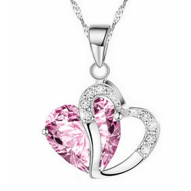 Korean Style Peach Heart Shaped Zircon Crystal Necklace - Minihomy