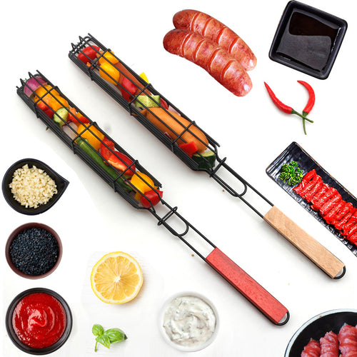 Mesh Wooden Handle Sausage Clip Barbecue BBQ Tool Rack