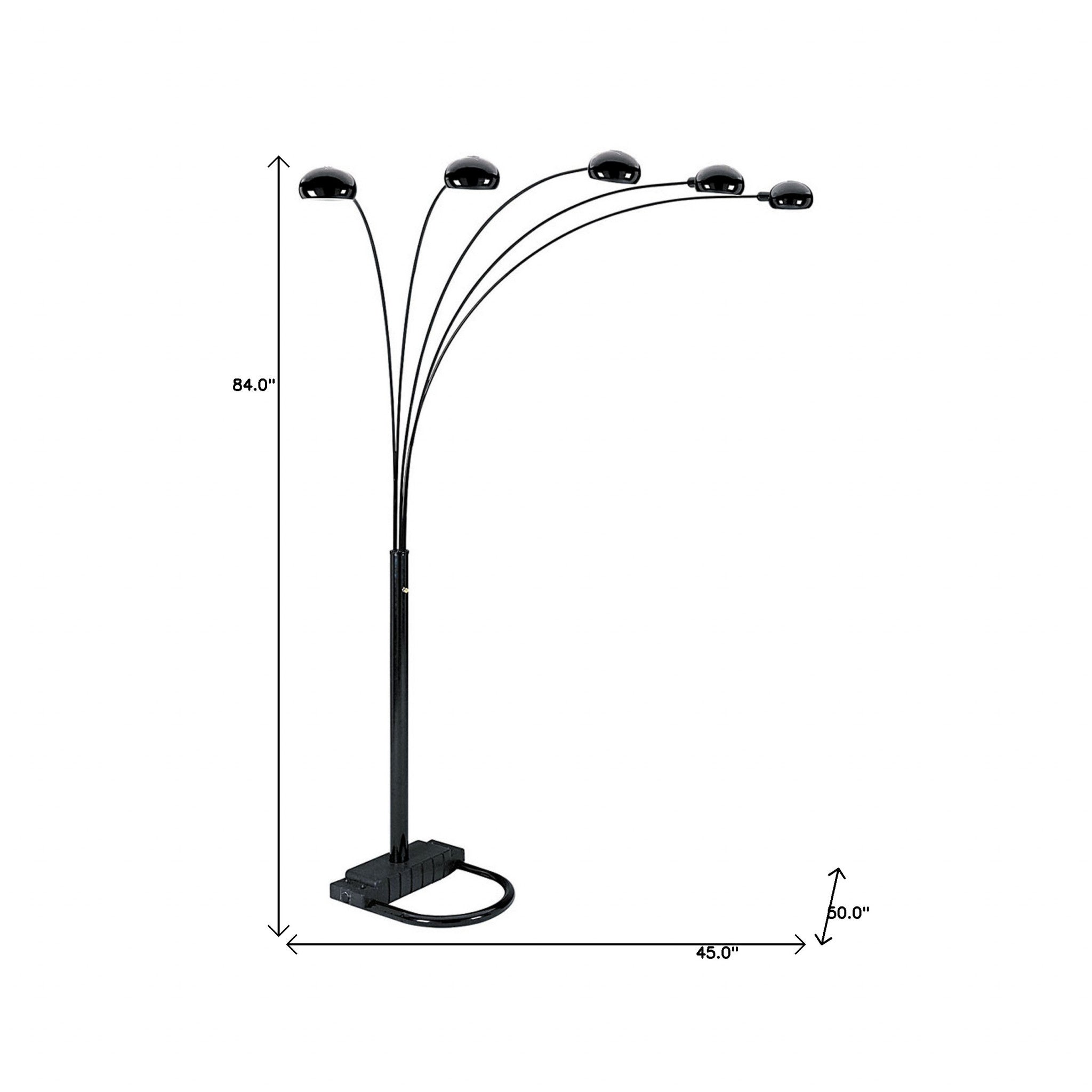 84" Black Five Light Arc Floor Lamp With Black Dome Shade