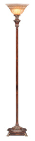 69" Brown Faux Wood Torchiere Floor Lamp With Brown Stained Glass Bell Shade - Minihomy