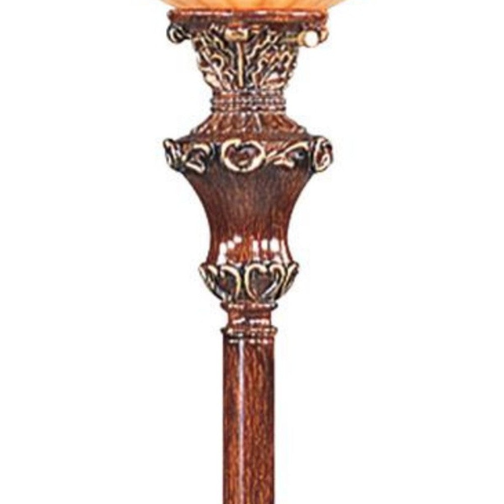 69" Brown Faux Wood Torchiere Floor Lamp With Brown Stained Glass Bell Shade - Minihomy