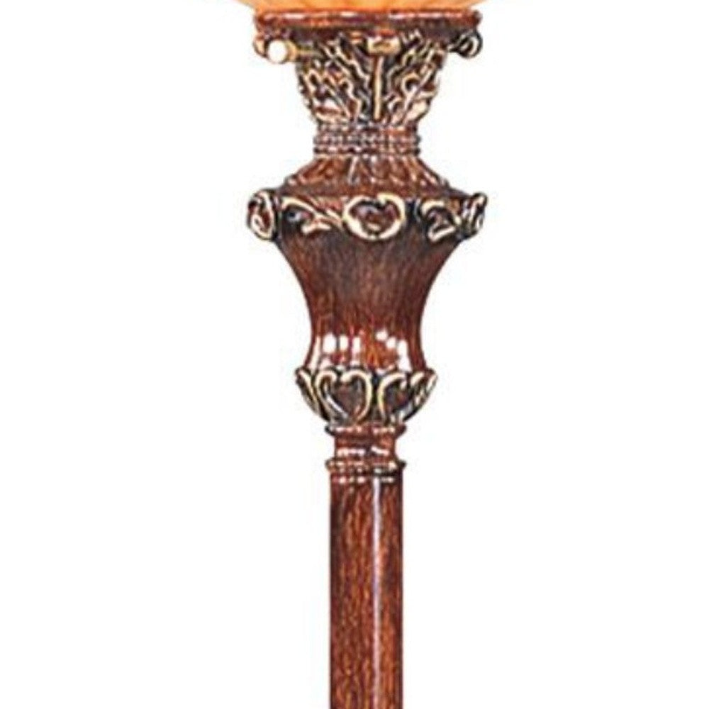 69" Brown Faux Wood Torchiere Floor Lamp With Brown Stained Glass Bell Shade - Minihomy